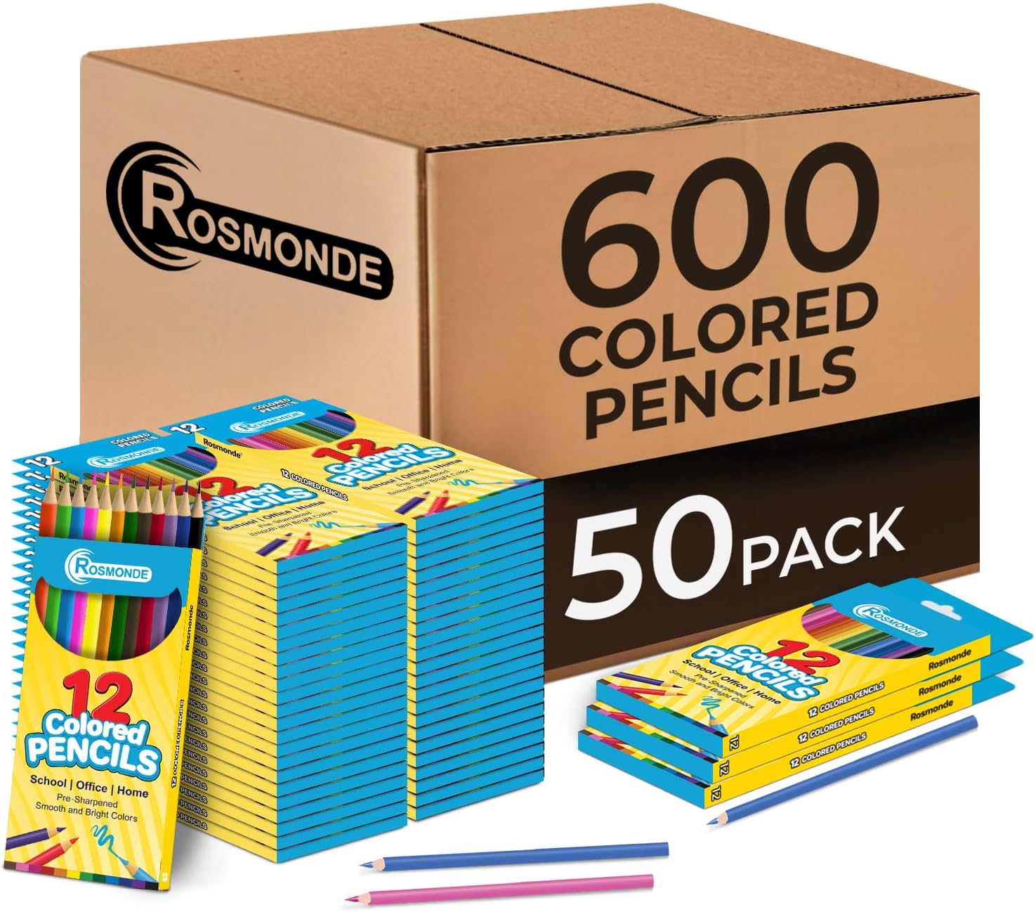Rosmonde Colored Pencils Bulk, 50 Sets (600 Pencils), Color Pencils Set, 12 Assorted Colors, Pre Sharpened Bulk Pack for Schools, Teachers, Classrooms, Back to School Supplies, Classroom Prizes