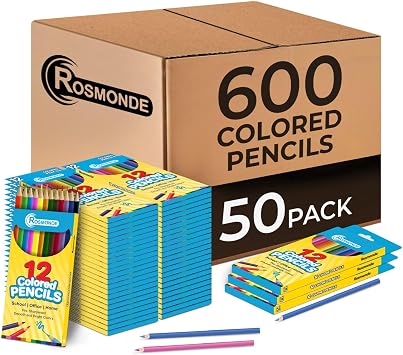 Rosmonde Colored Pencils Bulk, 50 Sets 600 Pencils, 12 Assorted Colors | Color Pencils Set, Pre Sharpened Bulk Pack for Schools, Teachers, Classrooms, Back to School Supplies, Classroom Prizes