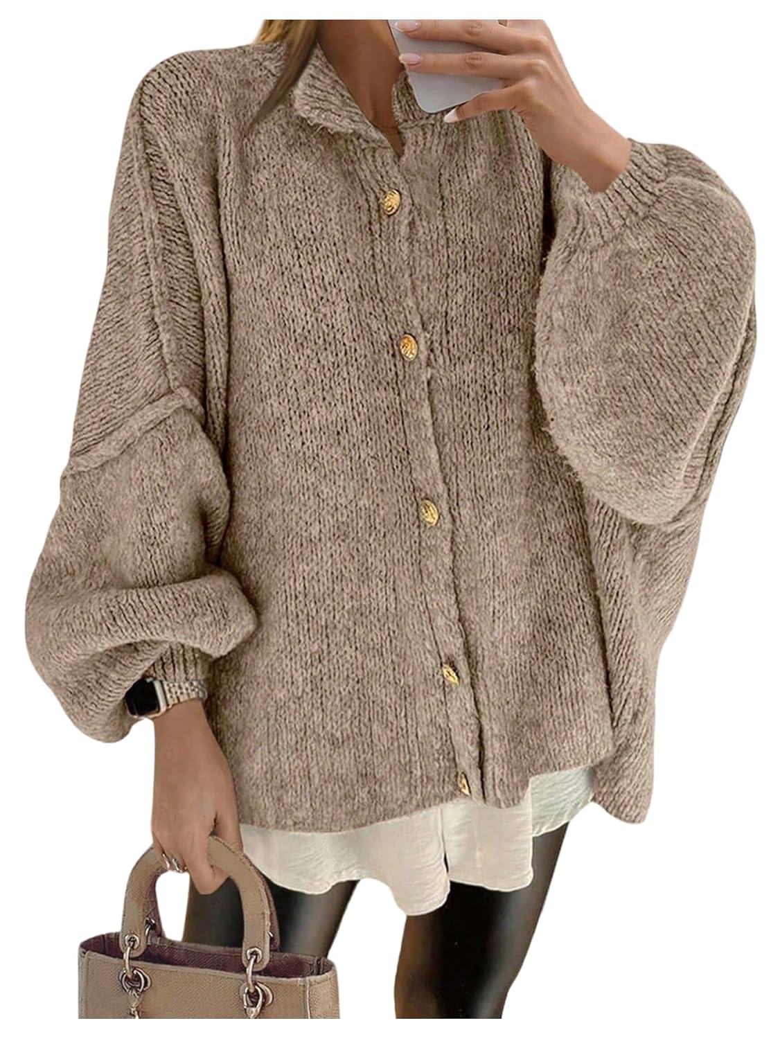 GORGLITTER Womens Button Down Chunky Knit Cardigan Holiday Cozy Sweaters Oversized Lantern Long Sleeve Jacket Trendy