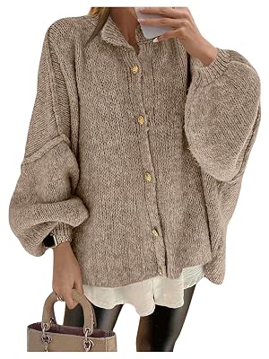 GORGLITTER Womens Button Down Chunky Knit Cardigan Holiday Cozy Sweaters Oversized Lantern Long Sleeve Jacket Trendy