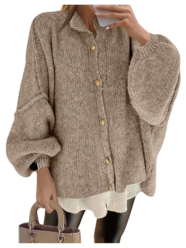 GORGLITTER Womens Button Down Chunky Knit Cardigan Holiday Cozy Sweaters Oversized Lantern Long Sleeve Jacket Trendy