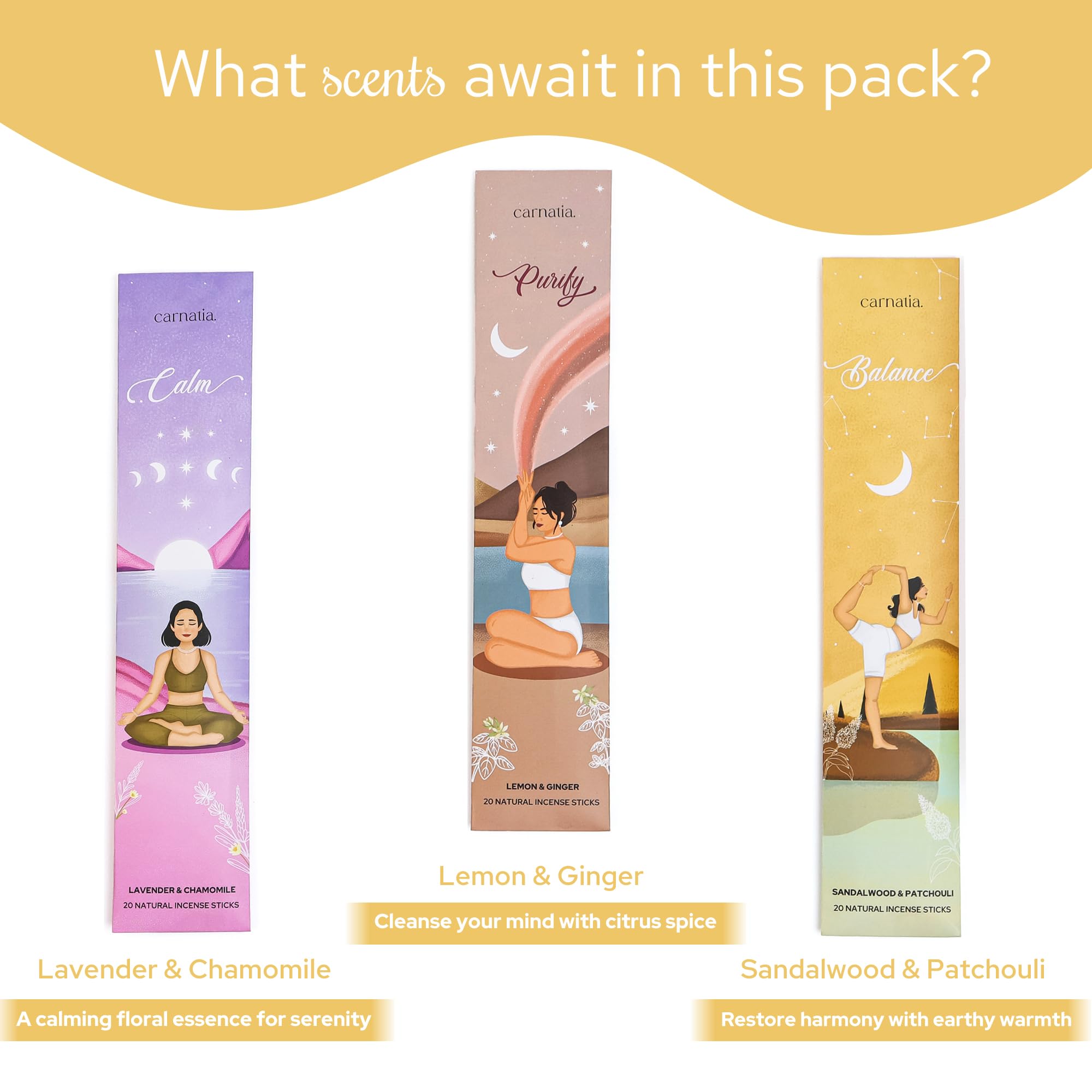 Carnatia Juego de incienso de meditación, 6 aromas calmantes para la práctica espiritual, aromas refrescantes para atención plena, paz interior y relajación