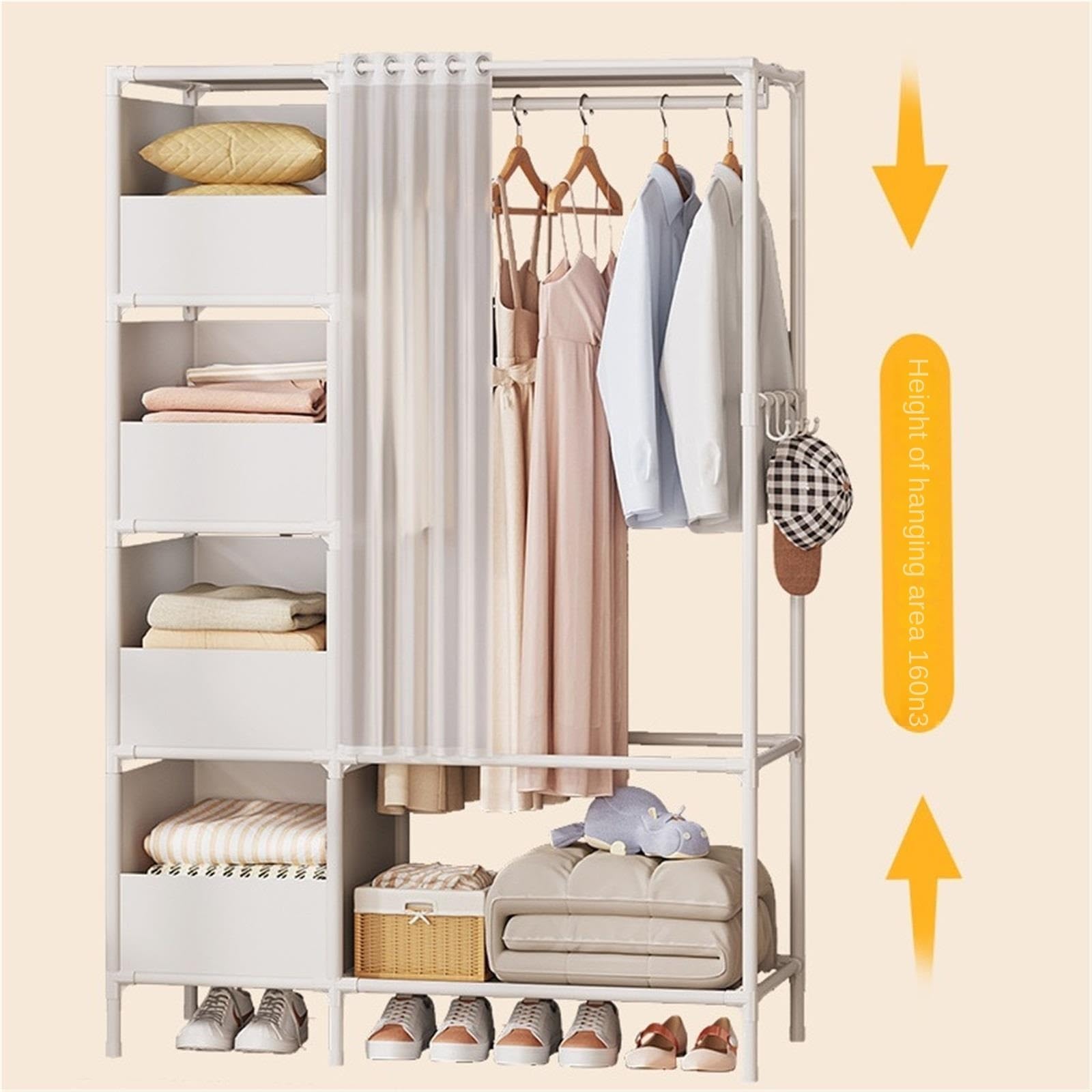 Garde-Robe, Armoire Autoportante avec Tringles Suspendues Et Rangement De Vêtements for Rideaux for Vestiaire Meuble de Rangement(White)