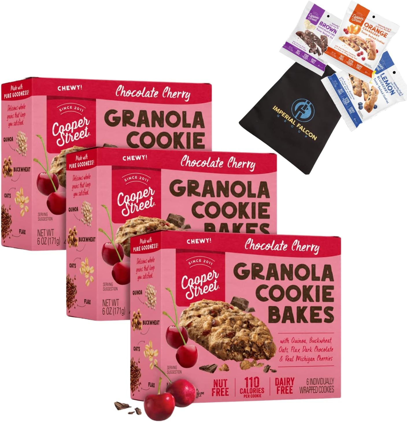 Cooper Street Cookies Chewy Soft-Baked Granola Bakes, Nut Free, Dairy Free Chocolate Cherry 3 Pack With Bag of 2 1.25oz Biscotti