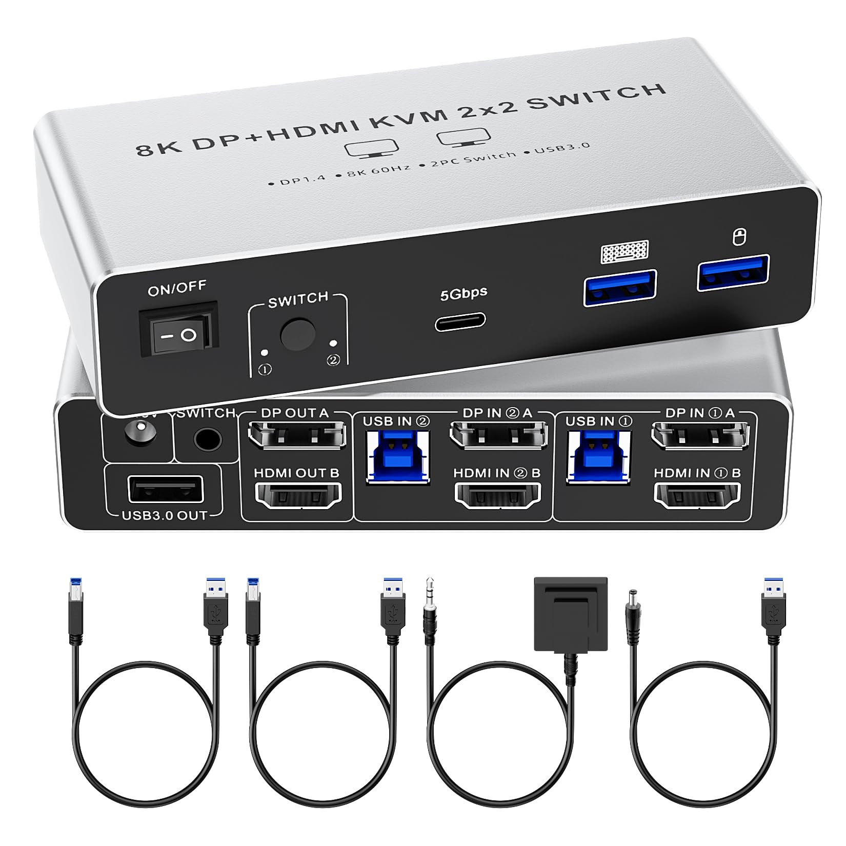 BolAAzuL Switch KVM HDMI+DP per 2 Monitor & 2 PC, 8K@60Hz 4K@120Hz HDMI 2.1 & DP1.4, Espandibile/Specchio Divide Tastiera/Mouse/USB 3.0, con Controller & 2 Cavi USB