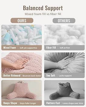 Blissful Diary Reading Pillow, Backrest Pillow with Shredded Memory Foam for Adult & Children, Designed for Bed and Couch Sitting Up, Includes Arms, Pockets and Washable Cover, Pale Pink