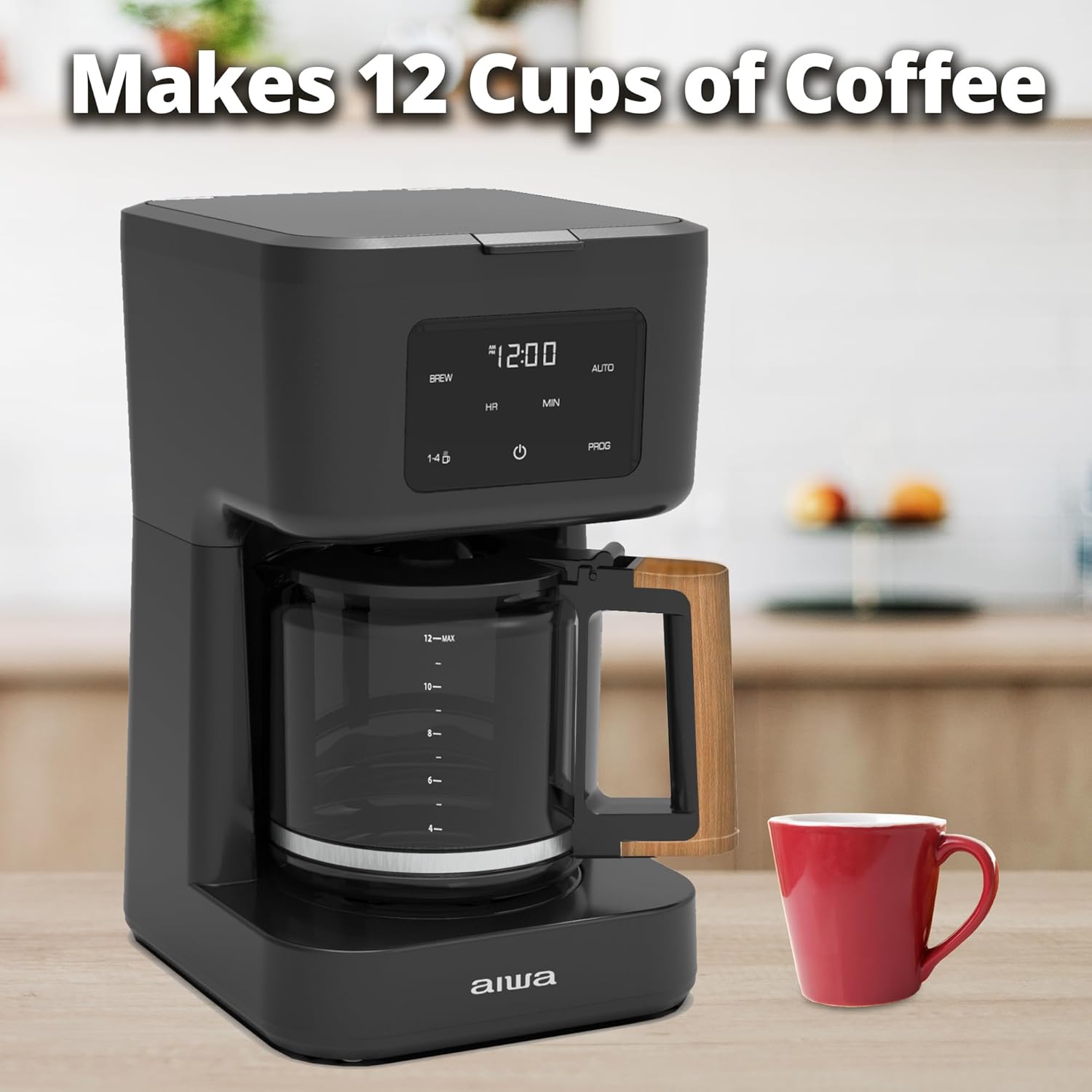 Aiwa 12- Cup Programmable Coffee Maker with Reusable Filter and LED Digital Indicator Light, Auto Shutoff