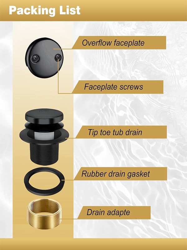 Tip-Toe Bathtub Drain Stopper, Tub Drain Set with 2-Hole Overflow Faceplate and Universal Fine/Coarse Thread, Bath Tub Plug Kit Assembly Fits 1-3/8" or 1-1/2" Bath Drain (Black) by Xhwlgbal - Image 5