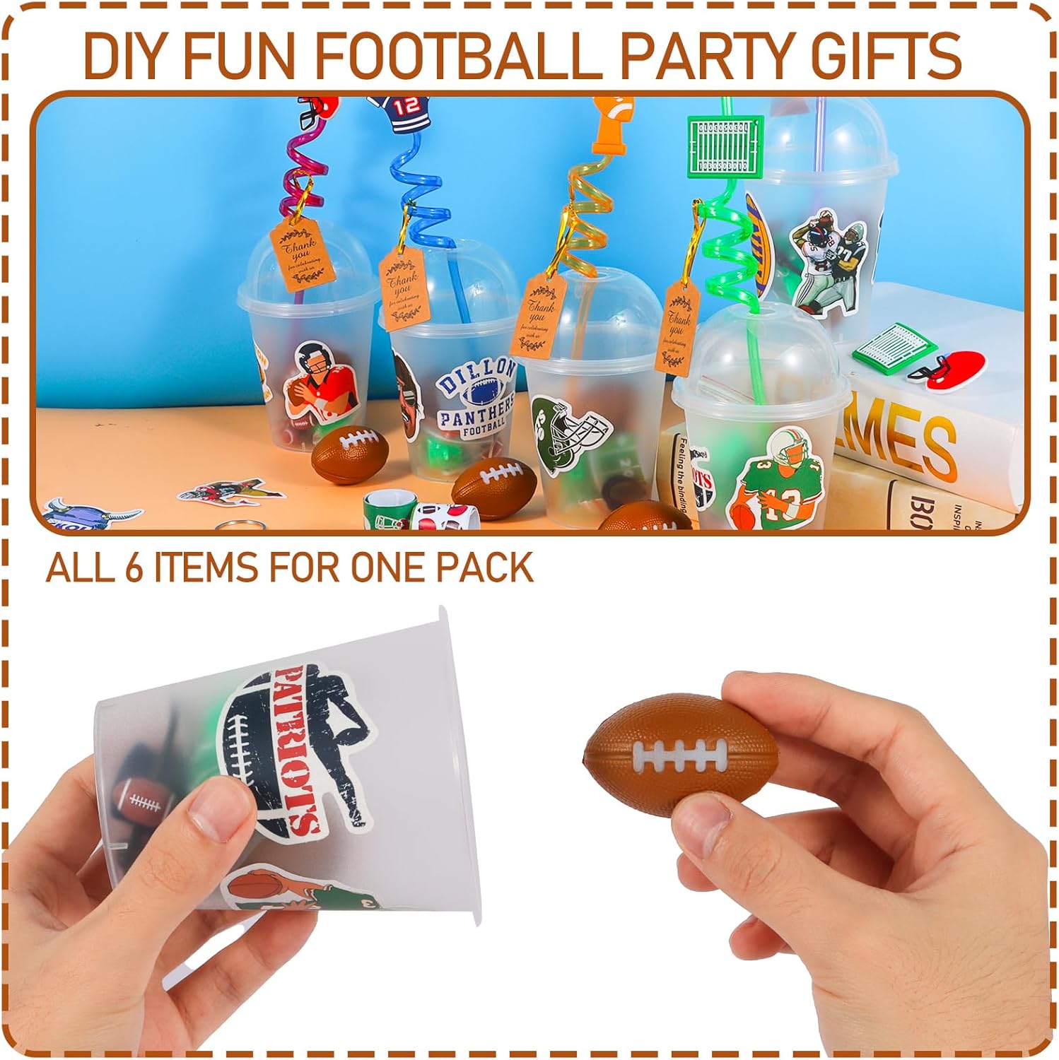 LiYiQ 158 Pcs Football Party Favors Football Party Supplies with Cup Straw Stress Ball Keychain Sticker Slaps Bracelets Whistle Thank You Tags for Football Birthday Decorations - Image 3