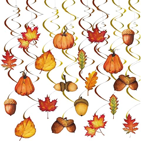 Whaline 32Pcs Fall Hanging Swirl Pumpkin Maple Leaf Pinecone Swirl Ceiling Hanging Decoration Fall Party Swirls for Autumn Harvest Thanksgiving Party Ornaments Favors Supplies Decoration