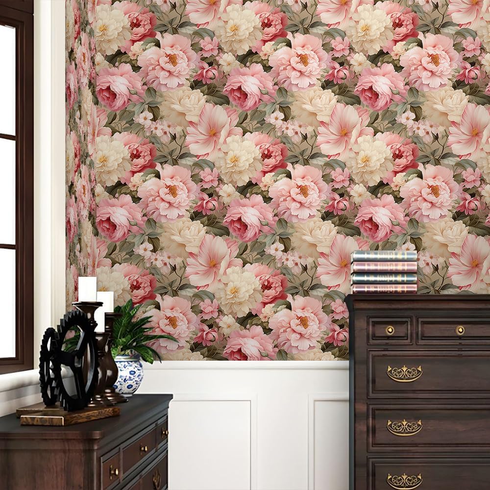 REDAMANCY Vintage Boho Pink Beige Peony Flower Peel and Stick Wallpaper Vintage Wall Paper Stick on Contact Paper Easy Peel Off for Bedroom nightstand Drawer Renter Friendly 17.7"x236"