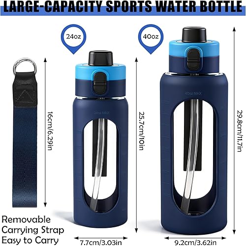 Miniatura 3 de ANOTION Botella de agua de vidrio de 24 onzas, botella de agua deportiva grande con tapa de doble bebida, botellas de vidrio transparente a prueba