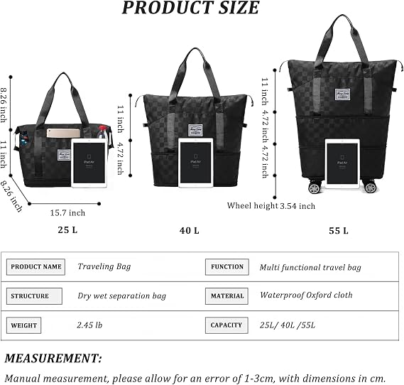 Travel Bag with Wheels,Expandable 55L Duffel Bags for Women,Foldable Rolling Duffle Bag with Wheels,Carry on Luggage,Gift for Men Women Suitcases (Black)