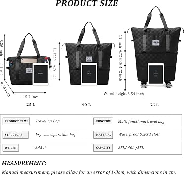Travel Bag with Wheels,Expandable 55L Duffel Bags for Women,Foldable Rolling Duffle Bag with Wheels,Carry on Luggage,Gift for Men Women Suitcases (Black)
