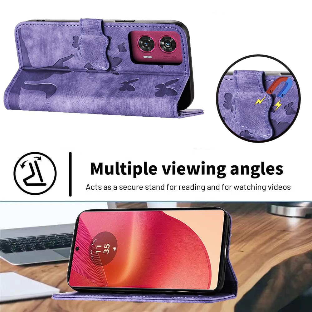 LSPCASA Phone Case For Motorola Edge 50 Fusion 5G 6.7 inch Premium PU Leather Material Edge 50 Fusion Case With Card Slots Cat Butterfly Pattern Edge 50 Fusion Phone Case - Image 4