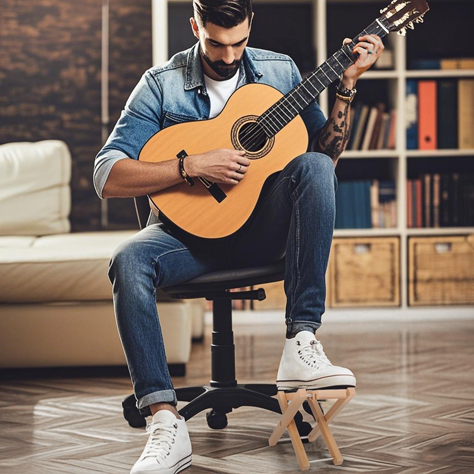 MUSO Gitarren-Fußstützen-Hocker, gefaltetes Holzpedal, 3 Stufen verstellbar, geeignet für klassische Akustikgitarre, ergonomisch und langlebig (Naturholz)