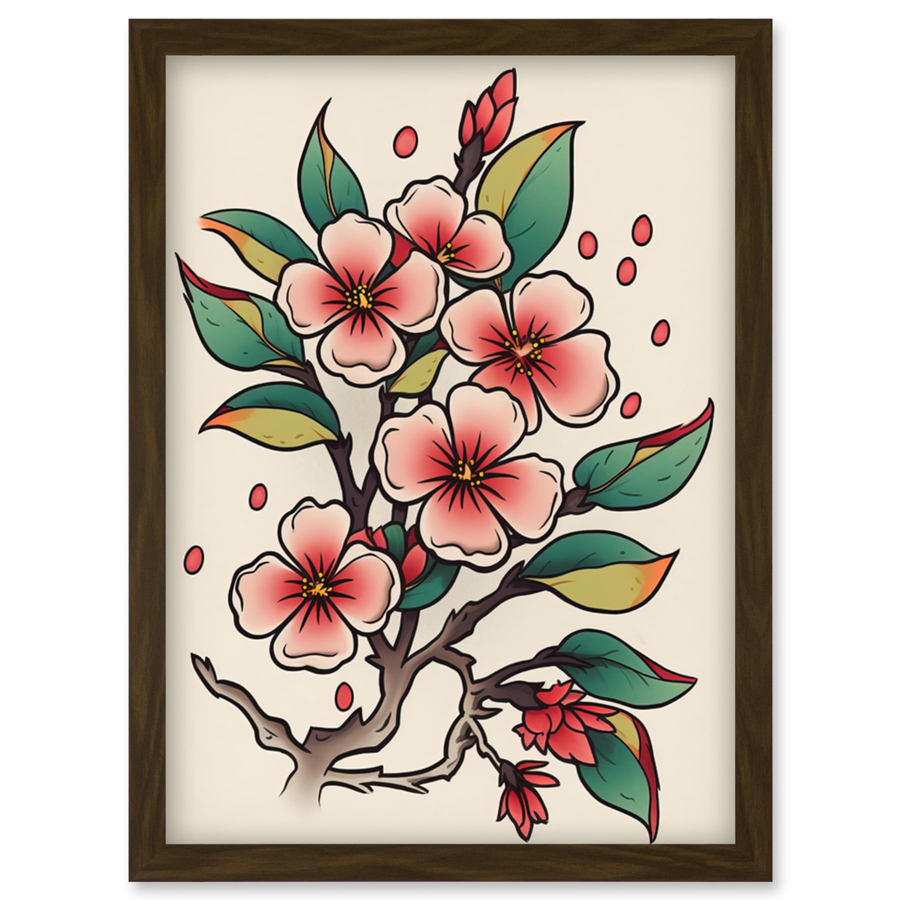 Artery8 Cherry Blossom Branch Flowers Tattoo Ink Body Art Rockabilly Americana 50s Artwork Framed Wall Art Print A4