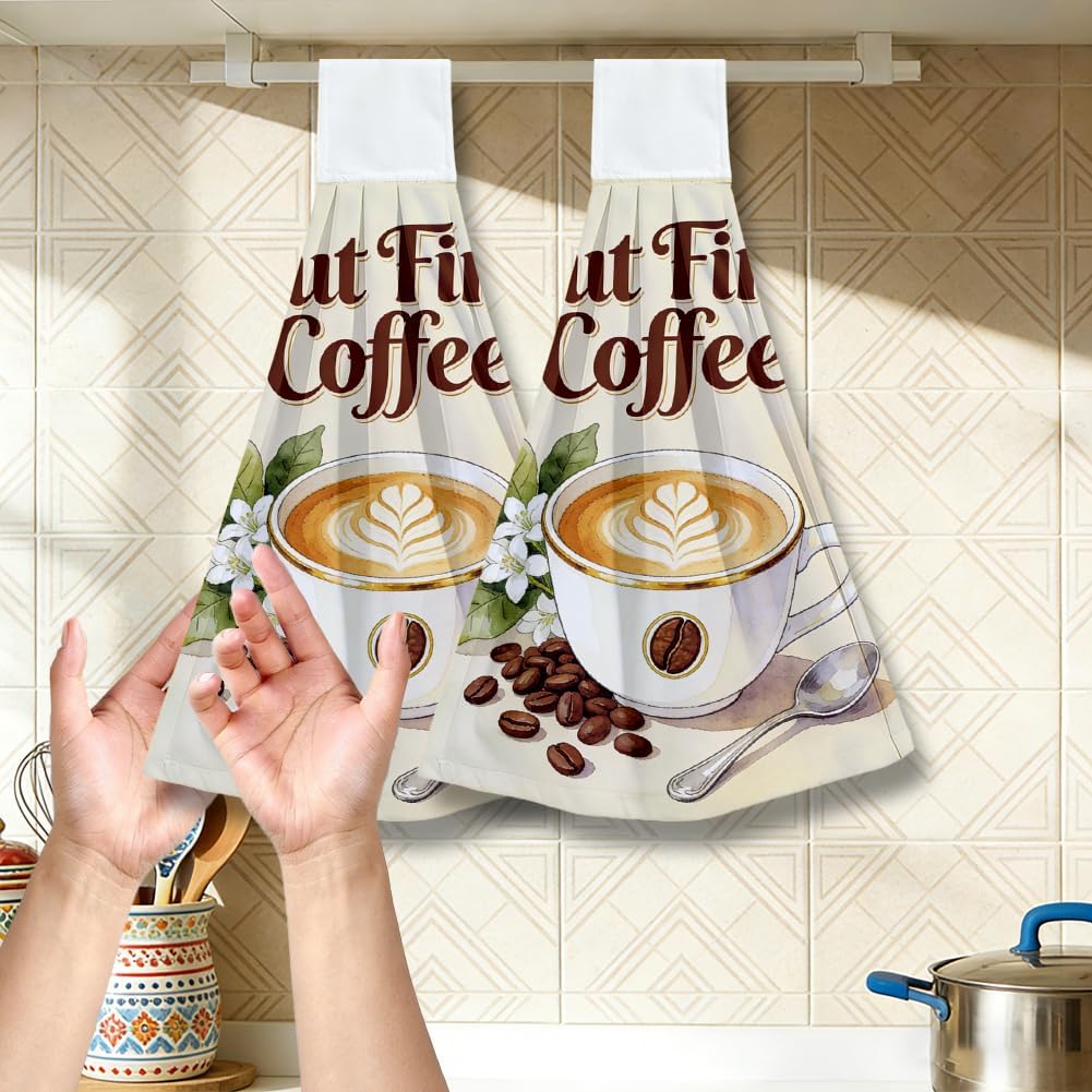 Coffee Kitchen Hanging Towels with Loop Set of 2 Soft Absorbent Microfiber Dish Cloth Decorative But First Coffee Hand Towels for Kitchen Bathroom Farmhouse Home Hotel Tea Bar Oven Handle