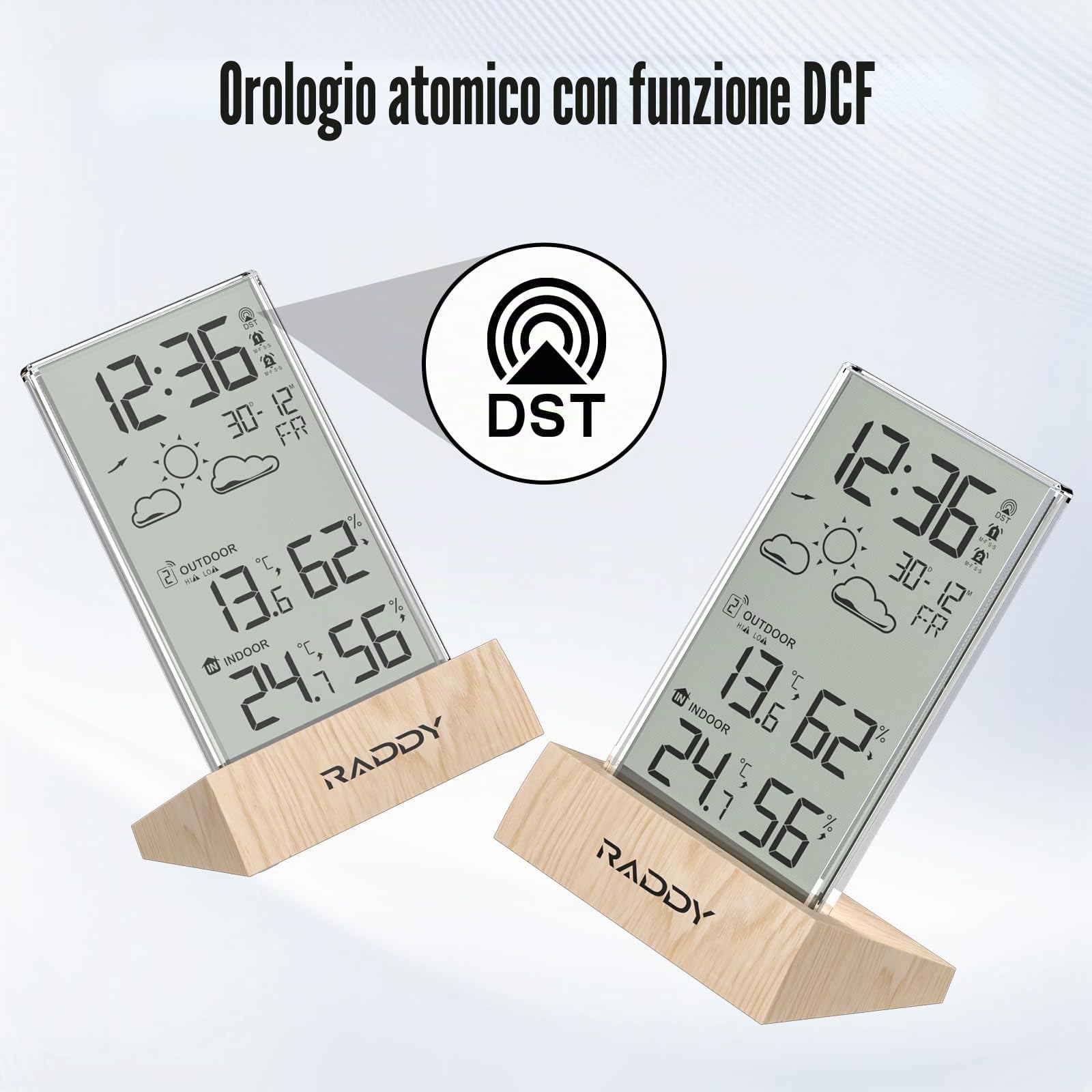 Raddy V5 Stazione meteorologica wireless,Termometro & Igrometro interno/esterno, LCD 5" Temperatura & Umidità, Previsioni meteo & sensore remoto, Cornice in acrilico trasparente