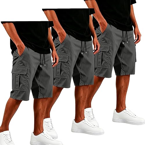 GQN Mens Tactical Cargo Shorts 3-Pack Drawstring Multi Pockets Outdoor Hiking Ri