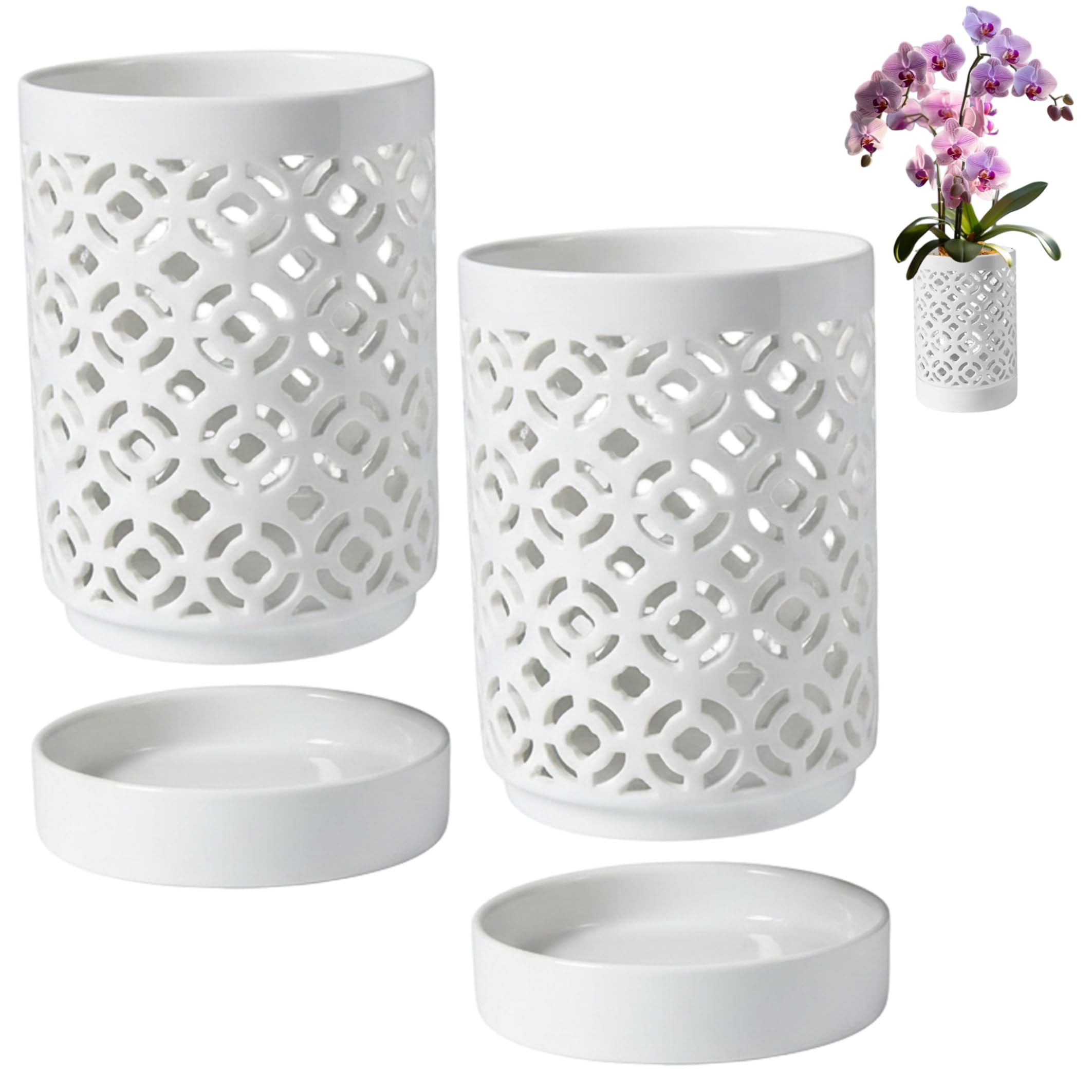 Vasi per orchidee in ceramica 2 pezzi fioriera bianca con fiori di pruno cavi doppio drenaggio organizer multiuso per utensili da cucina