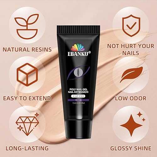 Miniatura 12 de Kit de uñas de gel de poliéster, gel de extensión de uñas de ojo de gato de EBANKU de 6 colores, gel constructor magnético con purpurina, kit 6