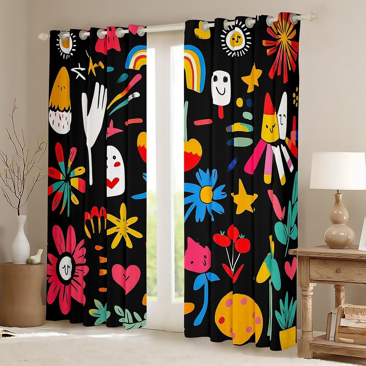 Groovy Flower Window Curtain,Cartoon Plants Theme Curtains Kids Boys Girls Teen Adult Room,Floral Red Heart Window Treatment Curtain Hippie Style Bohomia Window Drapes,Top 2 Panels,38" Wx45 L