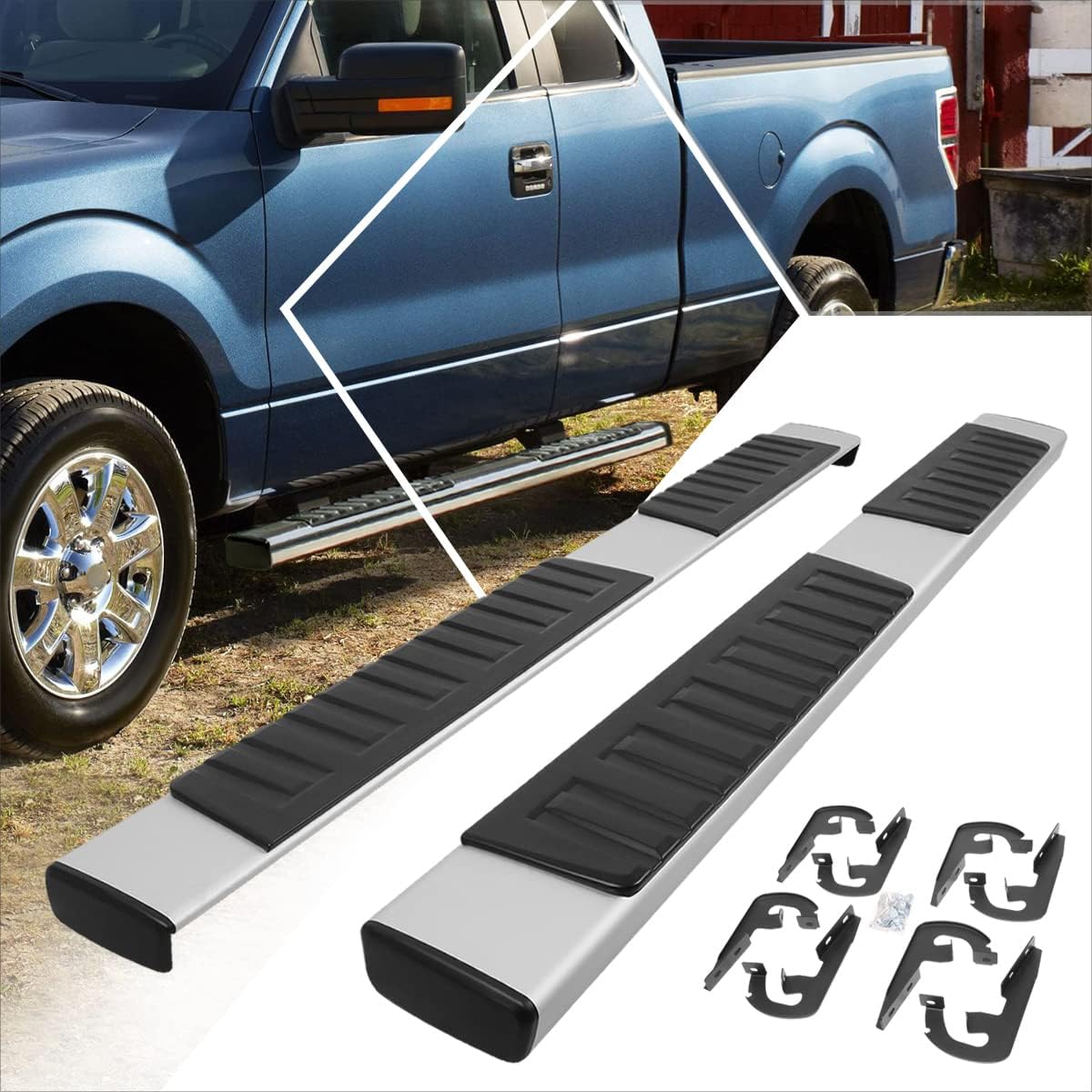[Pair] 6 Inch Silver Aluminum Running Boards/Side Steps/Nerf Bars Compatible with 04-14 Ford F150 Extended Cab