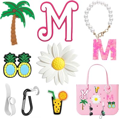 9Pcs Bogg Bag Charms for Women Girls, Rubber Beach Tote Bag Accessories with Pink A-Z Initial Letter Decoration, Pearl Chain, Flower, Coconut Tree & Key Clip Holder