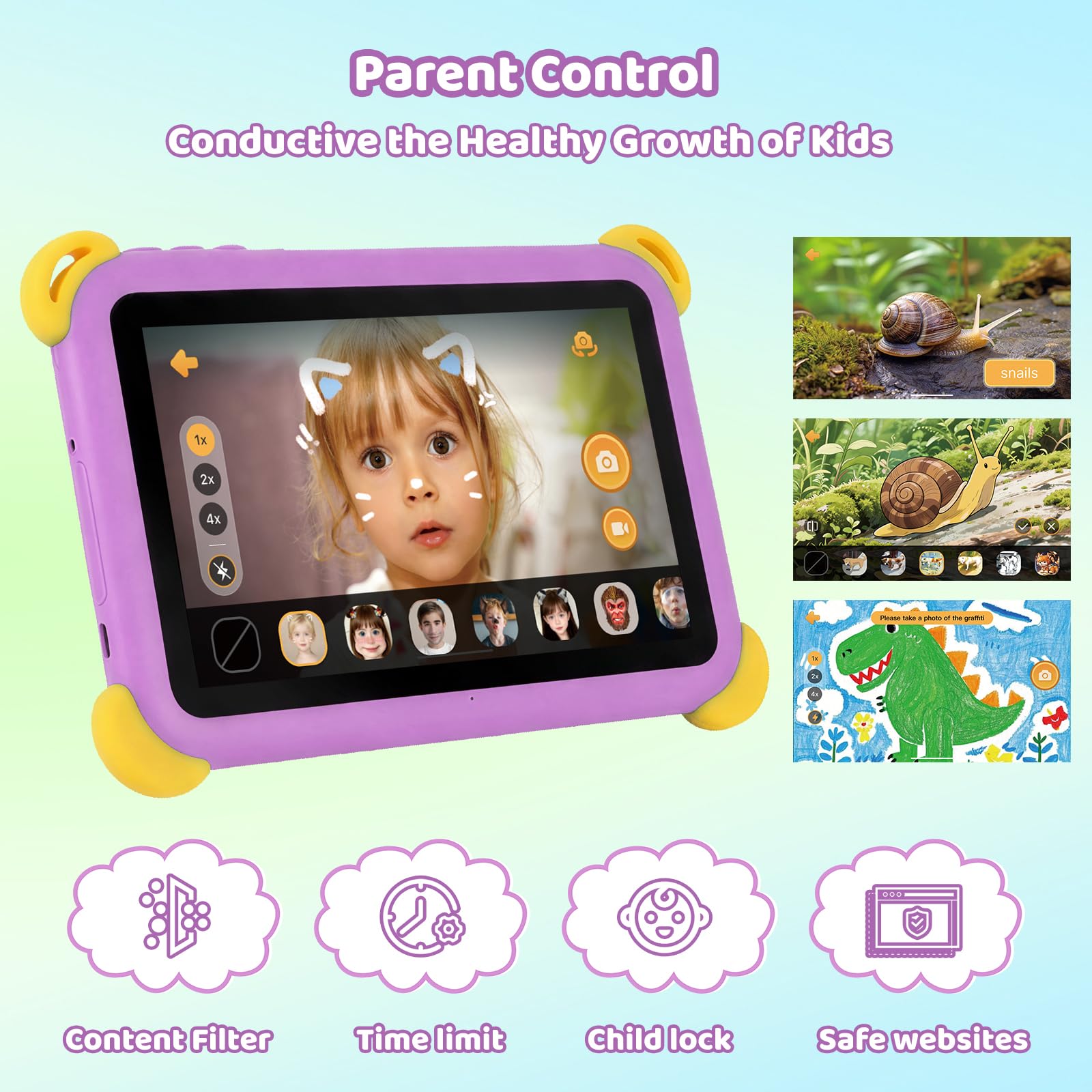 Kids Tablet 7 inch Android 15 Tablet for Kids, 20GB+64GB (TF 1TB), Android Tablet with Parental Control, AI Dual Cam & Learning, WiFi 6/BT 5.3, Widevine L1, Kid Tablet with Protective Case - Purple - 5
