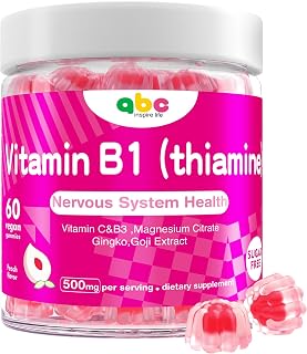 Vitamin B1 Gummies Chewable Thiamine 500mg & Vitamin B3 & Vitamin C,Sugar Free - Non GMO,Vegan,Natural Peach Flavor - Thiamine B1 Supplement for Adults & Kids