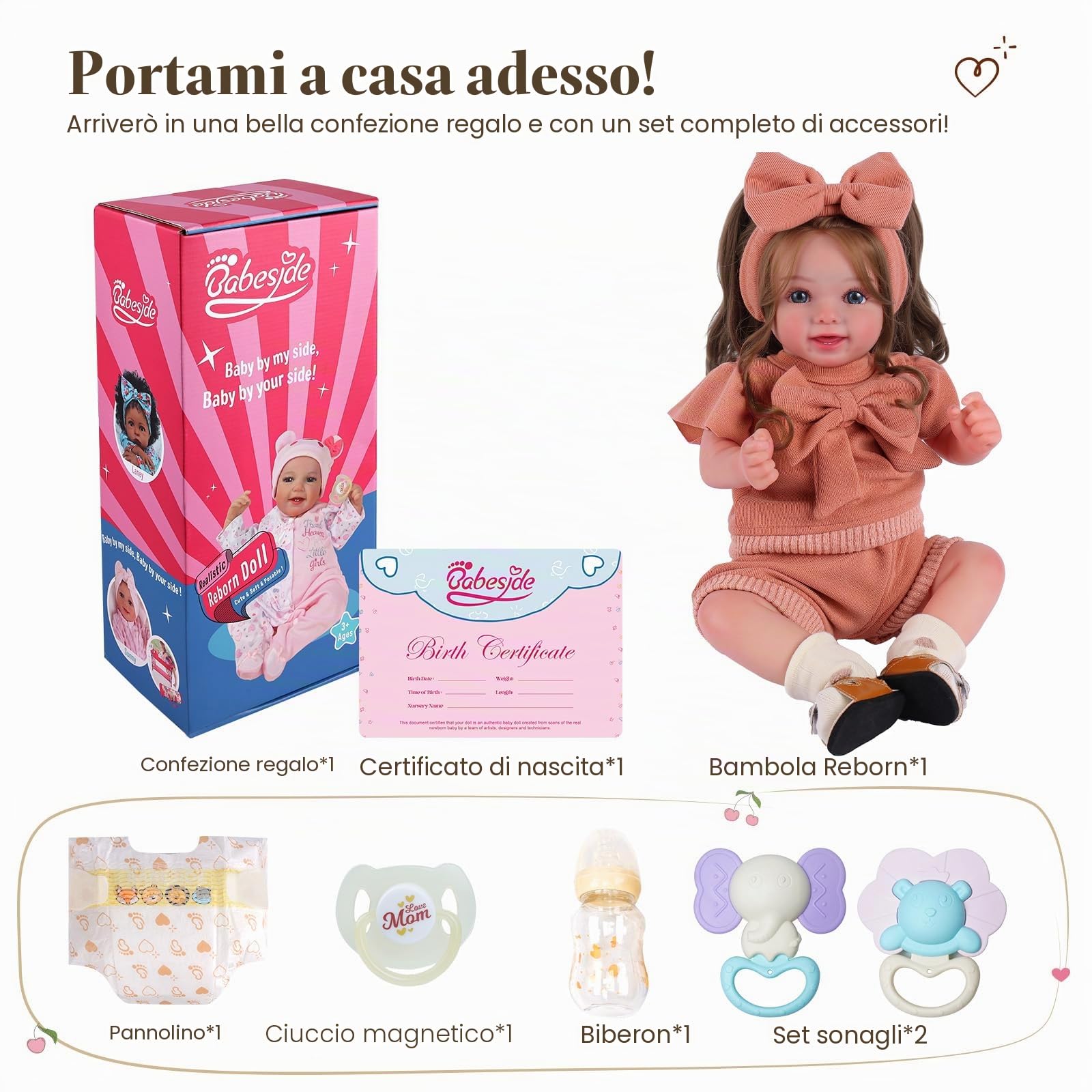 BABESIDE Bambole Reborn Bambina 50cm, Capelli Bruni Realistici Reborn | Bambole Reborn Realismo sorprendente, Morbido e coccoloso, Arti flessibili, Accessori inclusi, Sicuro e regalo perfetto