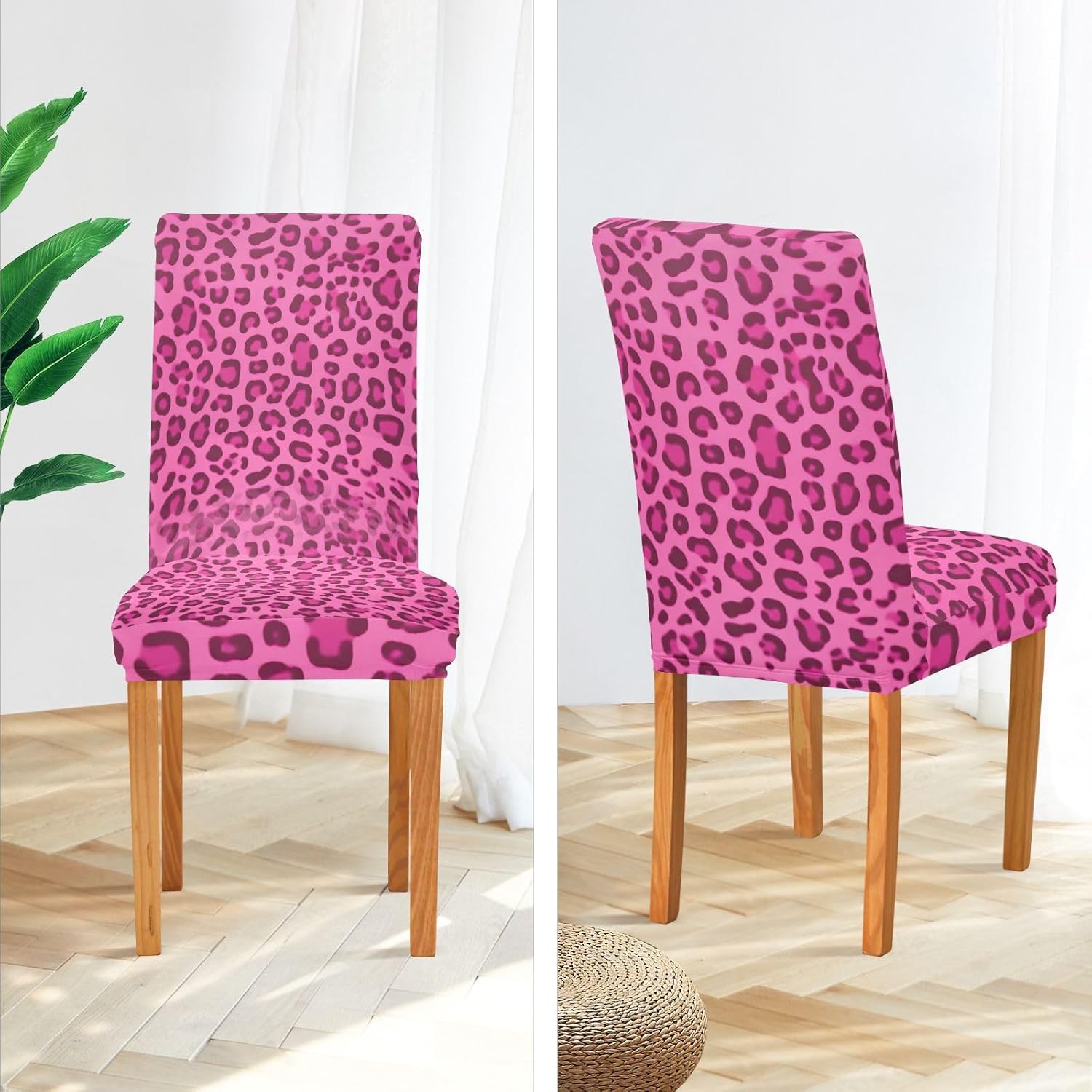 Dining Chair Covers Pink Leopard Chair Slipcovers Washable Removable Chair Cover Protector for Home, Restaurant, Hotel, Ceremony, Banquet Wedding Party 4PCS