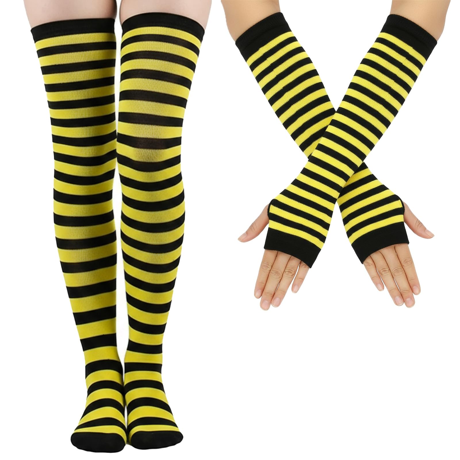 striped gloves knee socks set thigh high arm warmer socks striped knitted gloves - Yellow Black