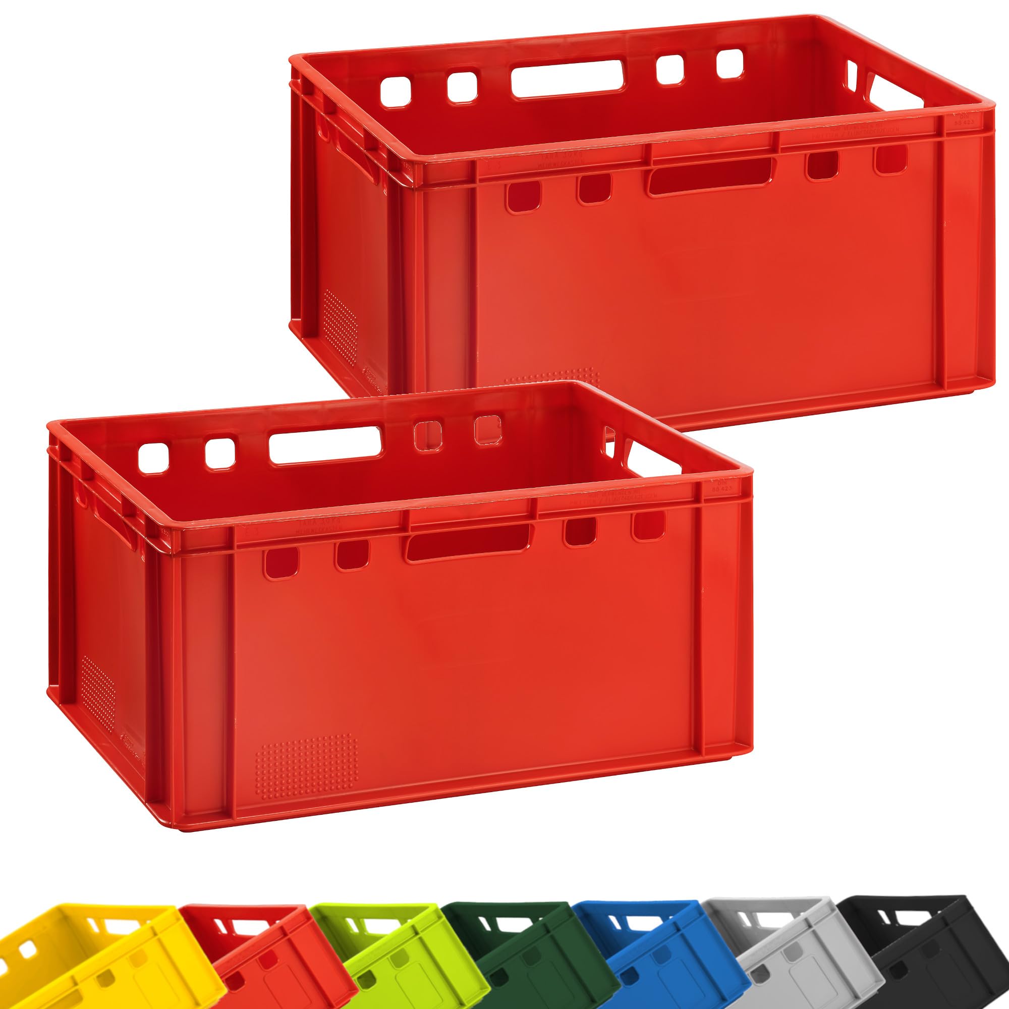BURI Meat Crates (2) - E3 Red Euro Box, Food Safe, Robust, Stackable, HDPE Plastic, 60 x 40 x 30 cm, 3 kg Tare Weight, Butcher Crate, Box for Storage and Transport