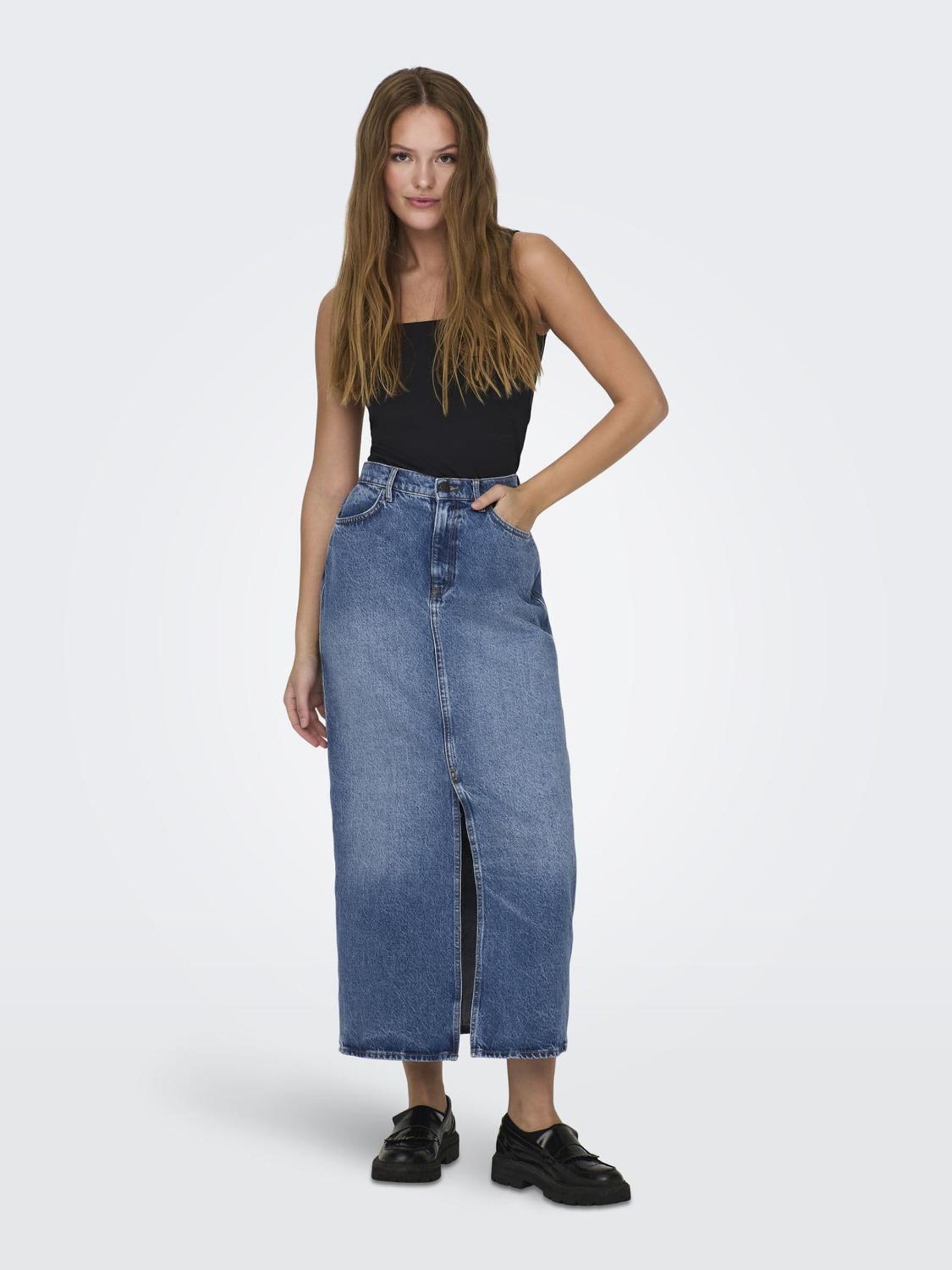 ONLY Falda Vaquera Maxi para Mujer con Abertura en la Parte Delantera Stone Denim Wash Falda con Cintura Media y Bolsillos Delanteros.