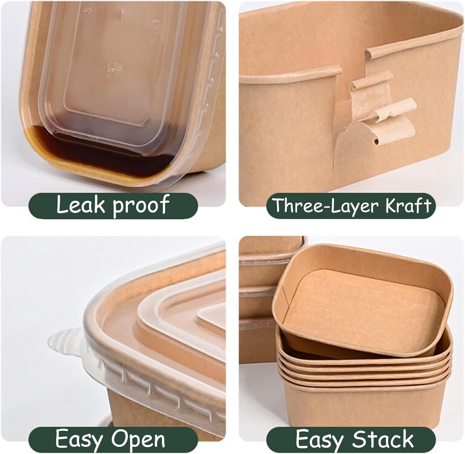 50 Pack 25oz Kraft Paper Square Bowls, Disposable Take Out Containers with Lids and Forks, Grease-Resistant Soup Bowls for Meal Prep, Snacks, and Takeout, Microwave & Freezer Safe