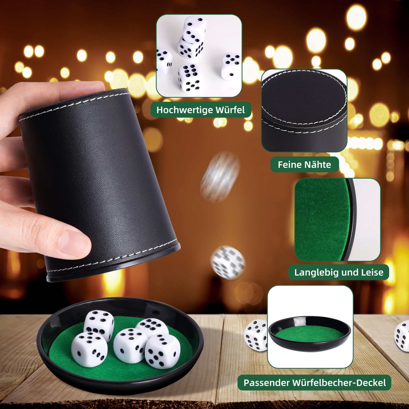 Schocken Set, Komplett mit 5 Würfelbecher Leder mit Deckel, 25 Würfeln, Schockbesteck mit 14 Acryl-Scheiben und Ständer, Schocken Würfelspiel Set für Jule Meiern Maxen Mörkeln