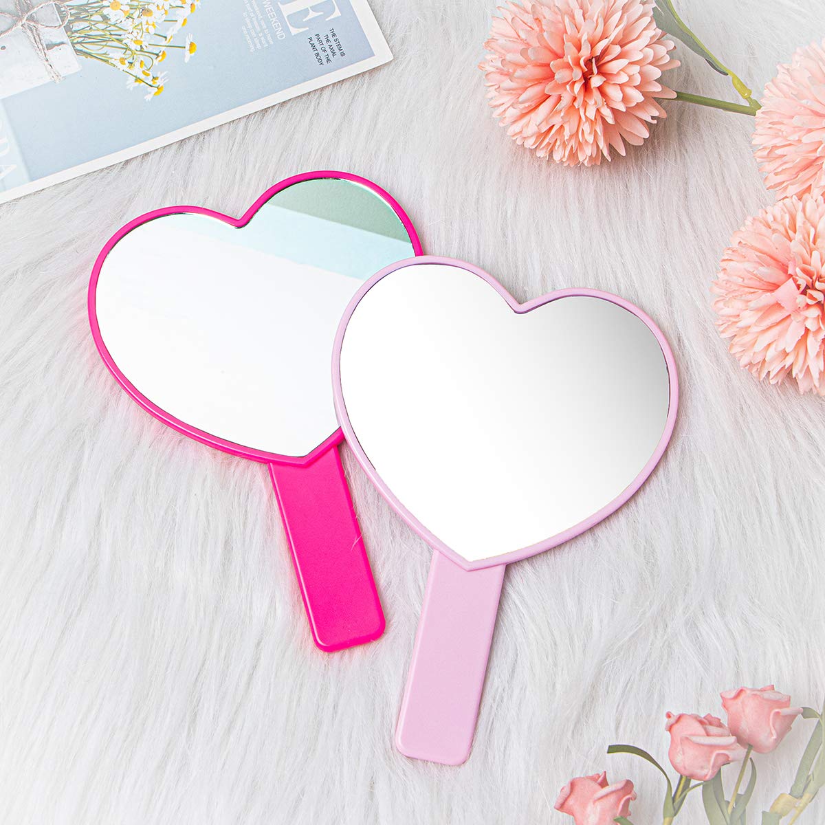 Espejo de mano de maquillaje en forma de corazón, espejo de mano de viaje, espejo cosmético personal portátil con mango (rojo rosa) 6