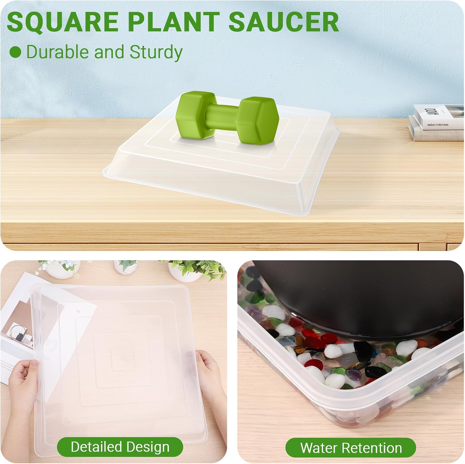 Greaner 16 Inch Large Square Tray, Clear Drip Trays for Potted Plants, Planter Plates to Catch Water for Indoor & Outdoor(2 Packs)