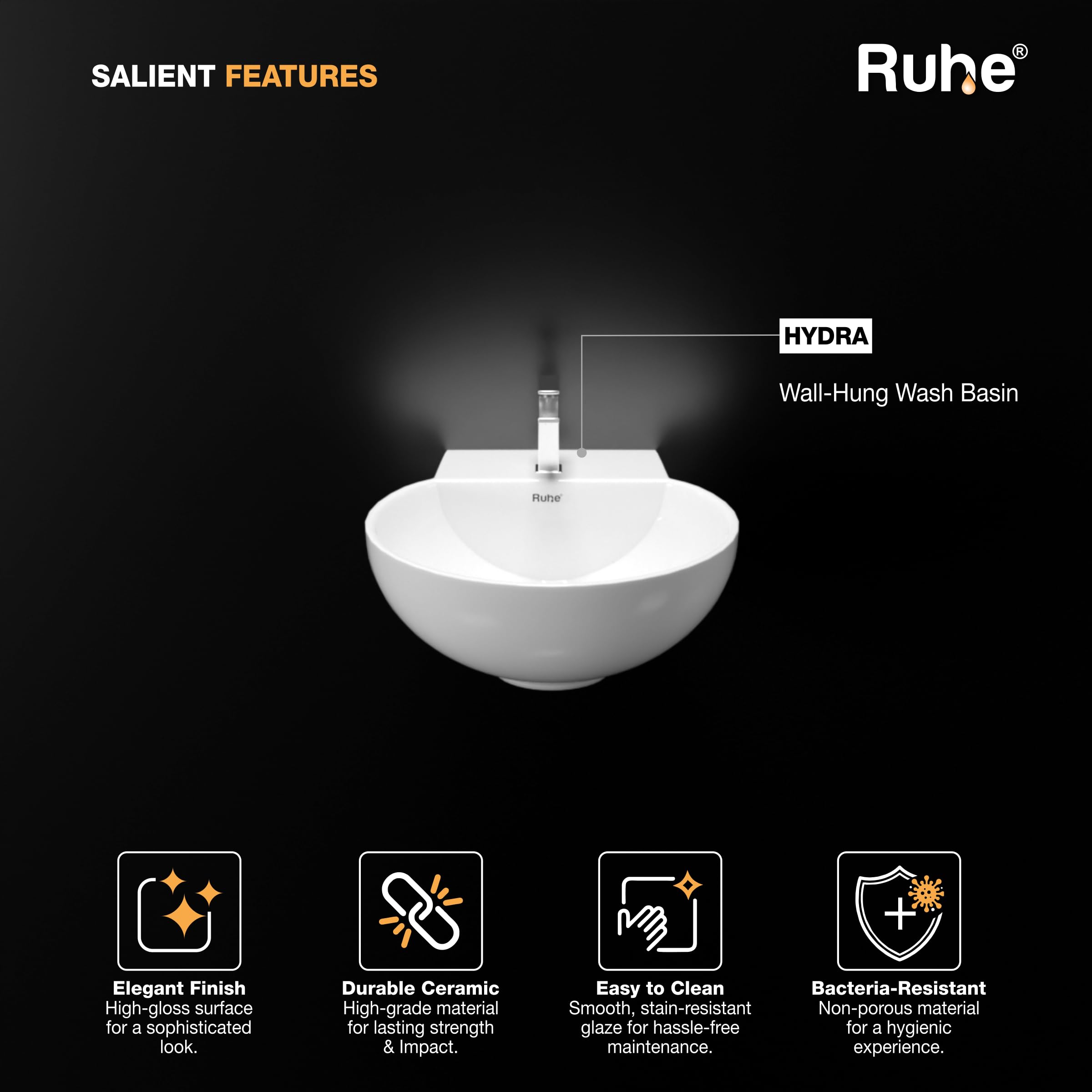 Ruhe® 12x12x5 Inches Hydra Wall-Hung Wash Basin, Scratch & Stain-Resistant Ceramic, Semi-Circular Shape, Glossy Finish, Easy to Clean, Modern Bathroom Sink, White 1