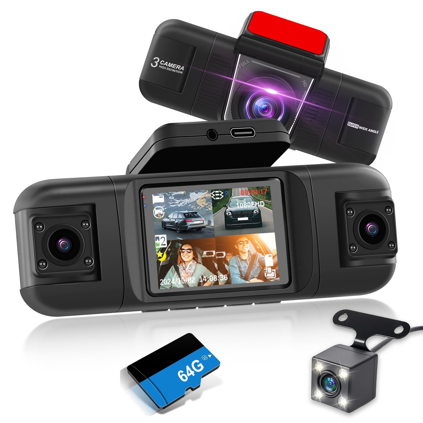 NHOPEEW Cámara para salpicadero de 4 Canales para Coches: cámara para salpicadero Delantera y Trasera de 1080p con visión Nocturna IR, grabación en Bucle, Sensor G + Tarjeta TF de 64 GB