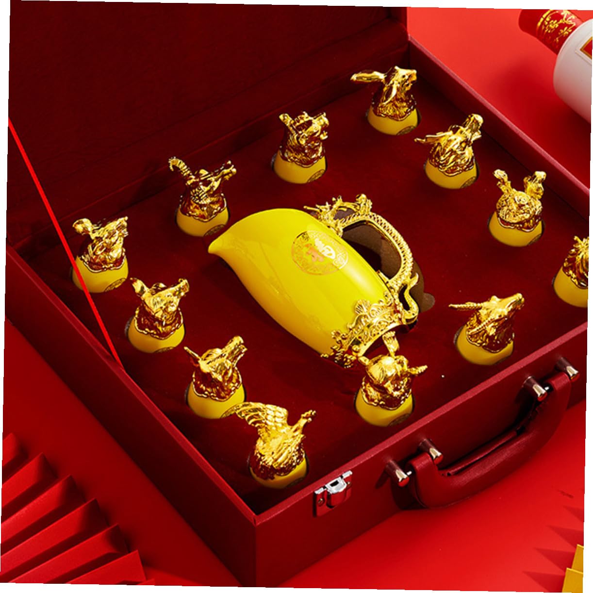 Cabilock 1 Juego Juego de Vino del Zodiaco Chino Vasos bañados en Oro Vasos de Licor de Whisky Kit de Bebida de Licor de cerámica Copa de Licor del Zodiaco Dorado Frasco dispensador de Agua