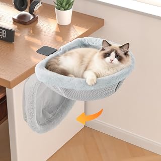 Semi-Circular Cat Desk Bed, Sunken Cat Hammock for Desk, 16.5"x14" | Foldable semi-circular desk cat hammock, 44lbs; plush + mesh washable covers; no-drill clamp fits office/standing desks.