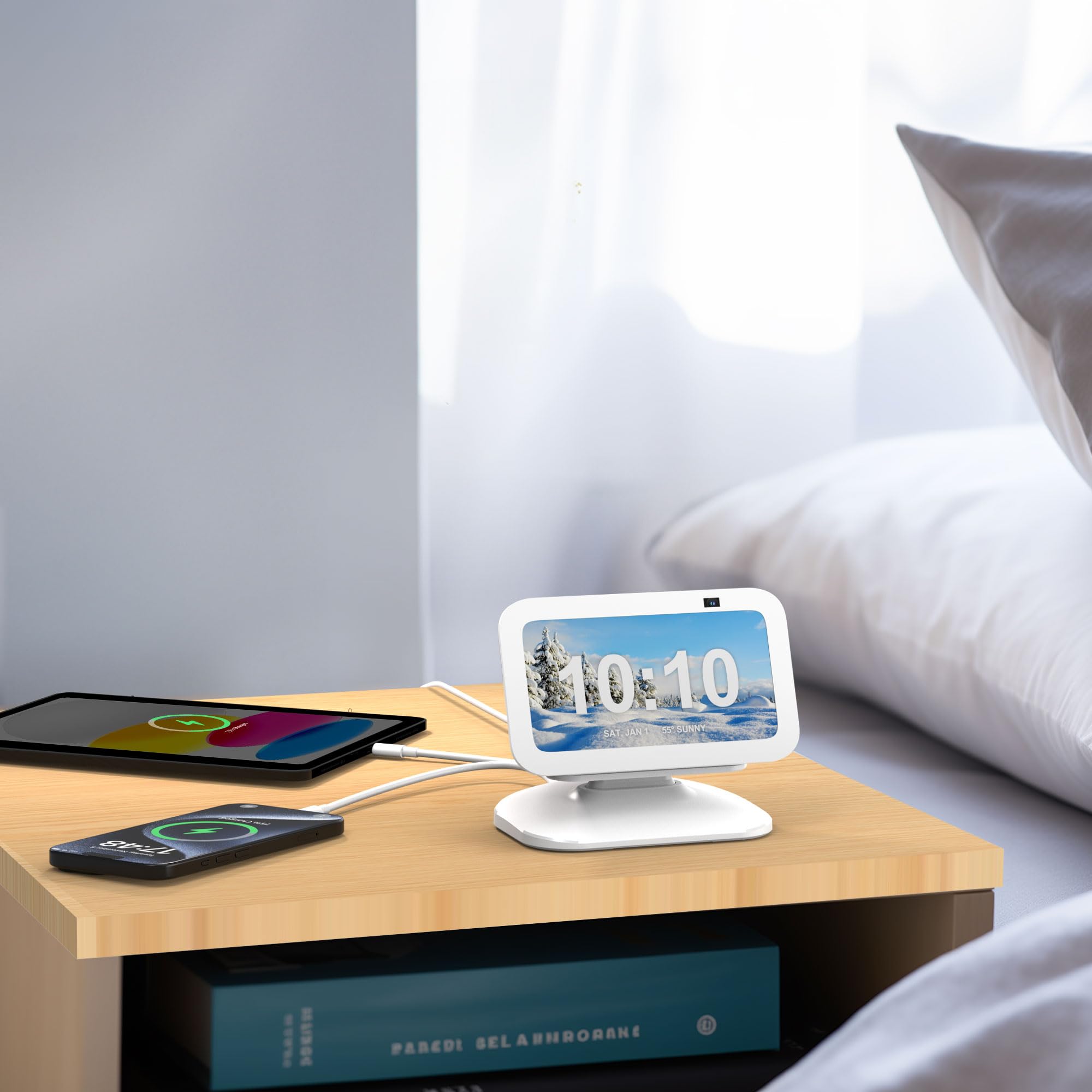 PlusAcc Ständer für Show 5 & Handy mit USB-C/A-Ladeanschluss - Verstellbare Ladeständer Halterung Ladestation Basis kompatibel mit Show 5 3.Gen/iPhone/iPad (Weiß)