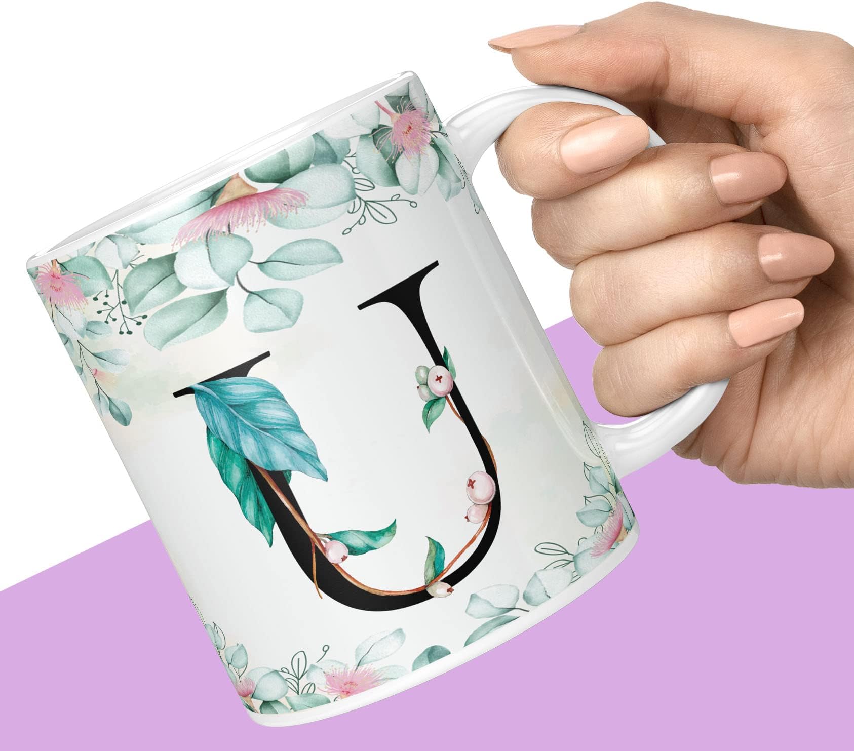 NH10 DESIGNS Colorful Floral Alphabet Letter U Printed Coffee Mug For Girls Boys Friends Love Kids Best Gift For Birthday Anniversary Initial Letter U (Microwave Safe Ceramic Tea Coffee Mug-350ml) - ABVWM2 195