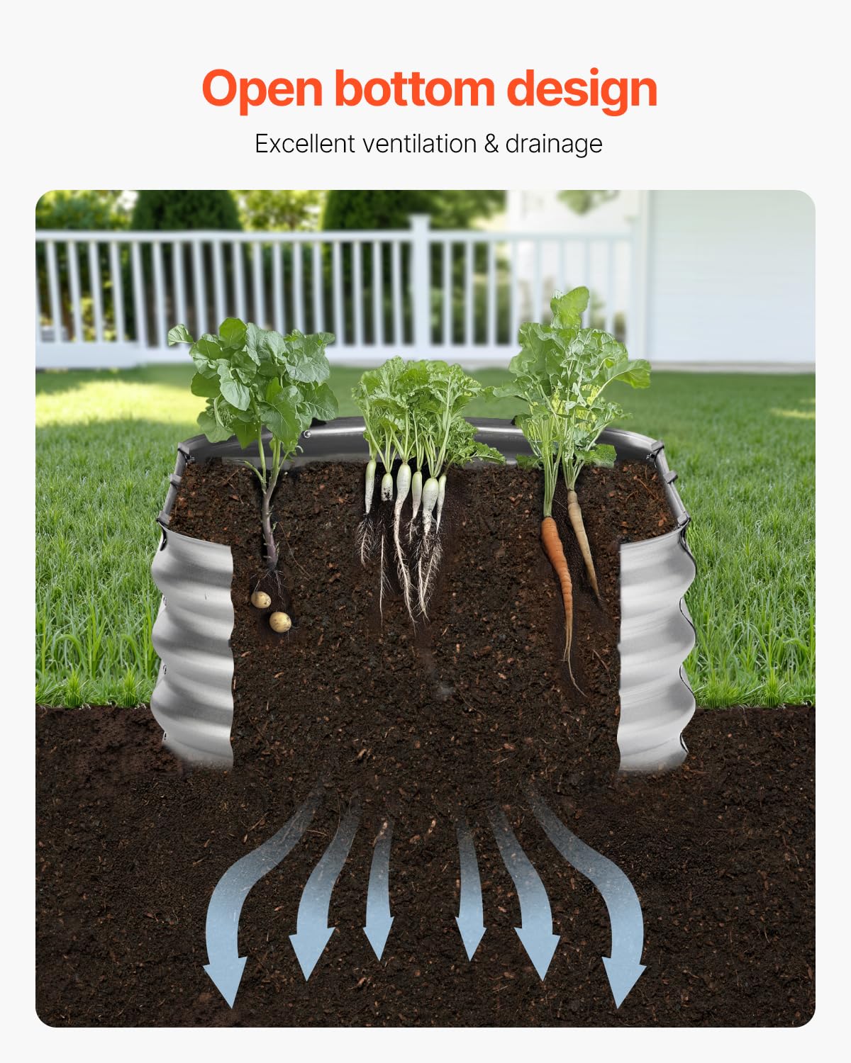 VEVOR Cama de Jardín Elevada de Metal 1195 x 585 x 270 mm con Fondo Abierto para Exteriores, Jardinera Ovalada Galvanizada para Jardinería de Verduras, Flores, Hierbas y Plantas Suculentas, Plateado