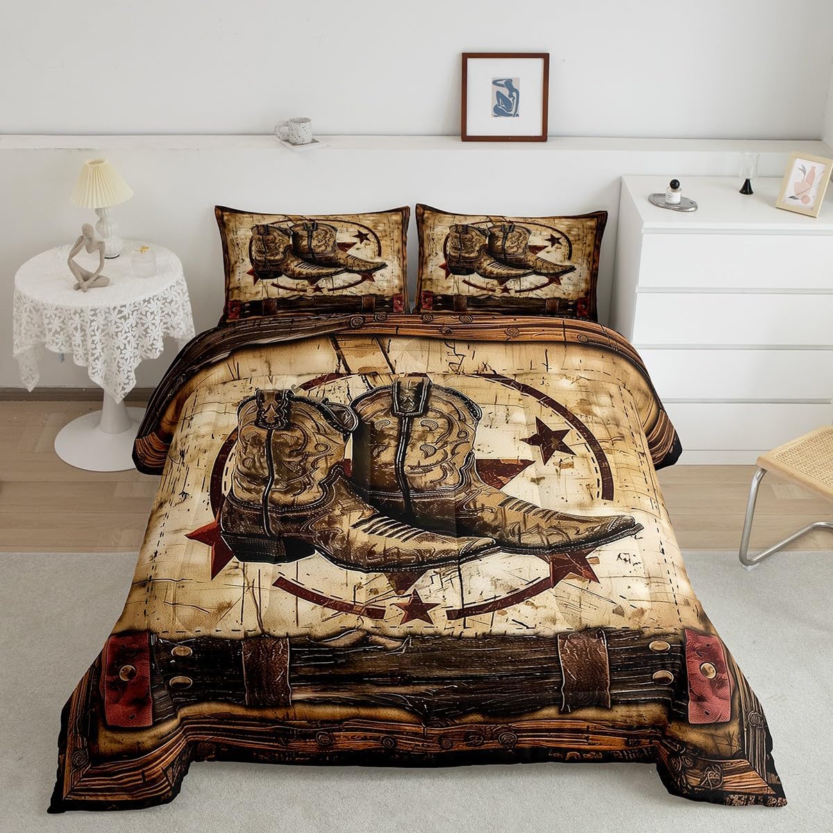 Feelyou Brown Western Aztec Comforter Set Queen Size Cowboy Shoes Duvet Quilt for Kids Teens Adults Tribal Wild Western West Texas Star Rustic Bedding Set Room Decor with 2 Pillow Case 3Pcs