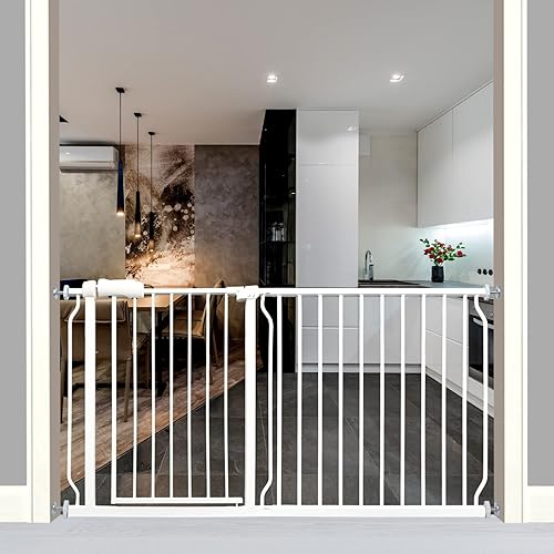 Puerta extra ancha para bebés de 57.5 a 62 pulgadas, puerta grande de seguridad para niños o mascotas, puerta de metal blanco montada a presión para