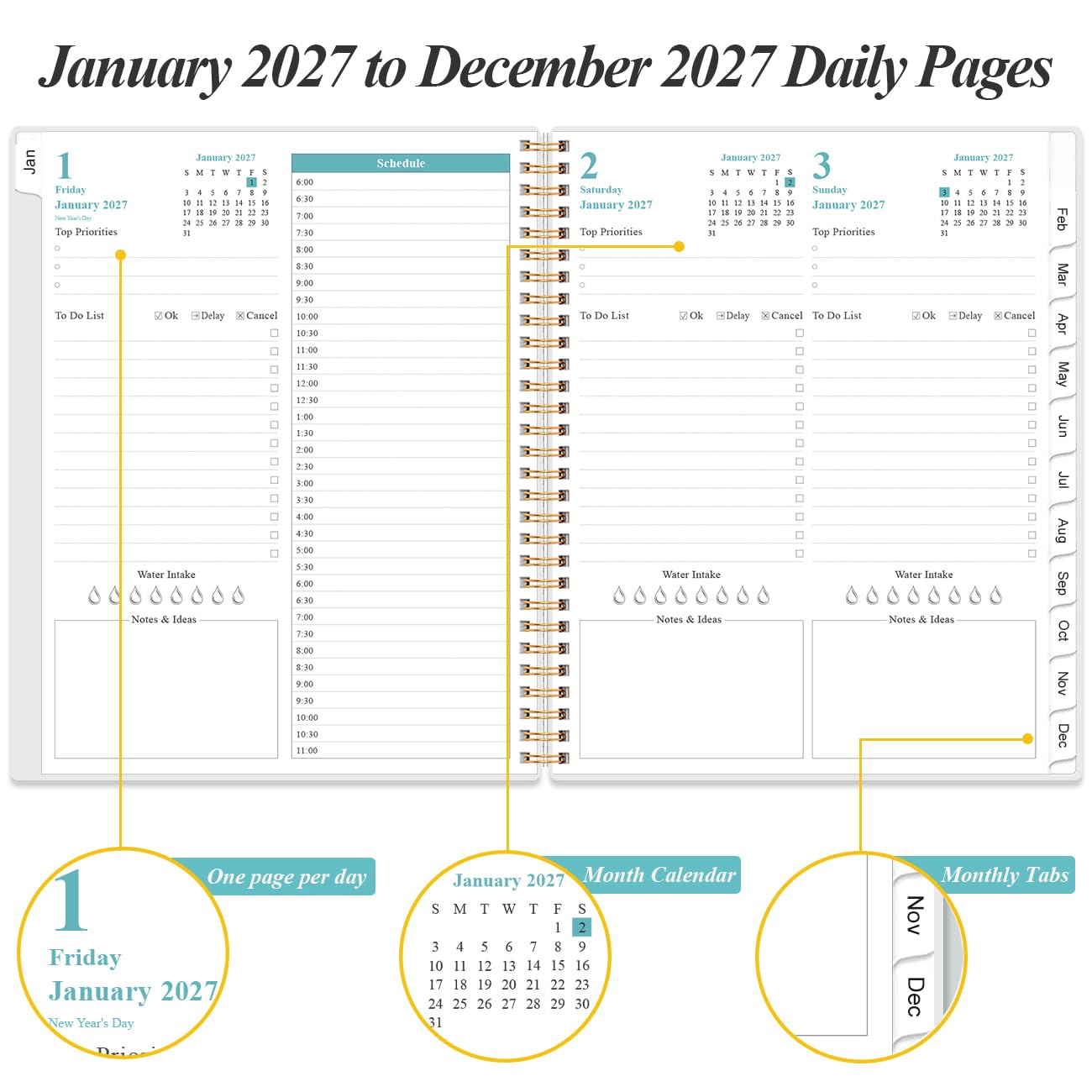 Agenda giornaliera e mensile 2027, una pagina al giorno, agenda giornaliera da gennaio 2027 a dicembre 2027, planner 2027 con 12 linguette mensili, 21,6 x 27,9 cm, motivo floreale C